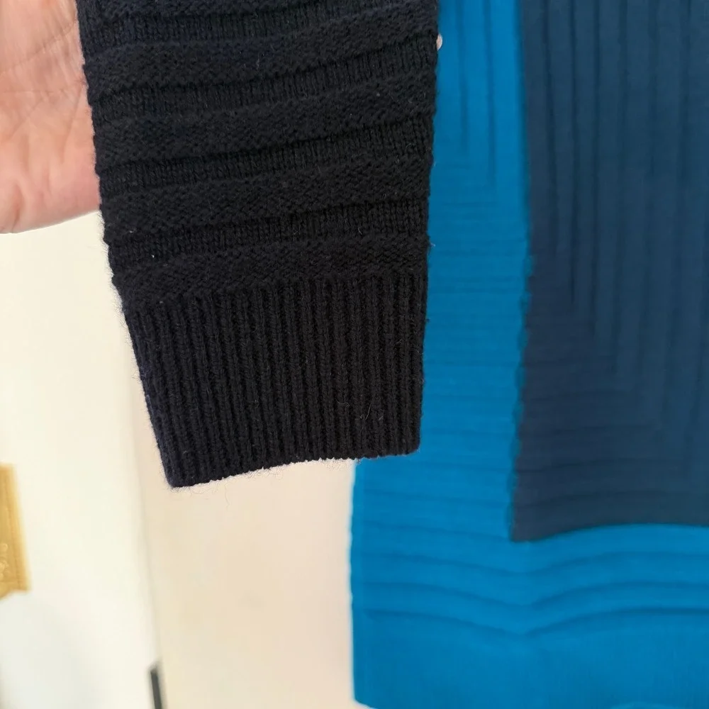 Vince Color Block Ribbed Knit Sweater Blue Navy Teal Long Sleeve XXS